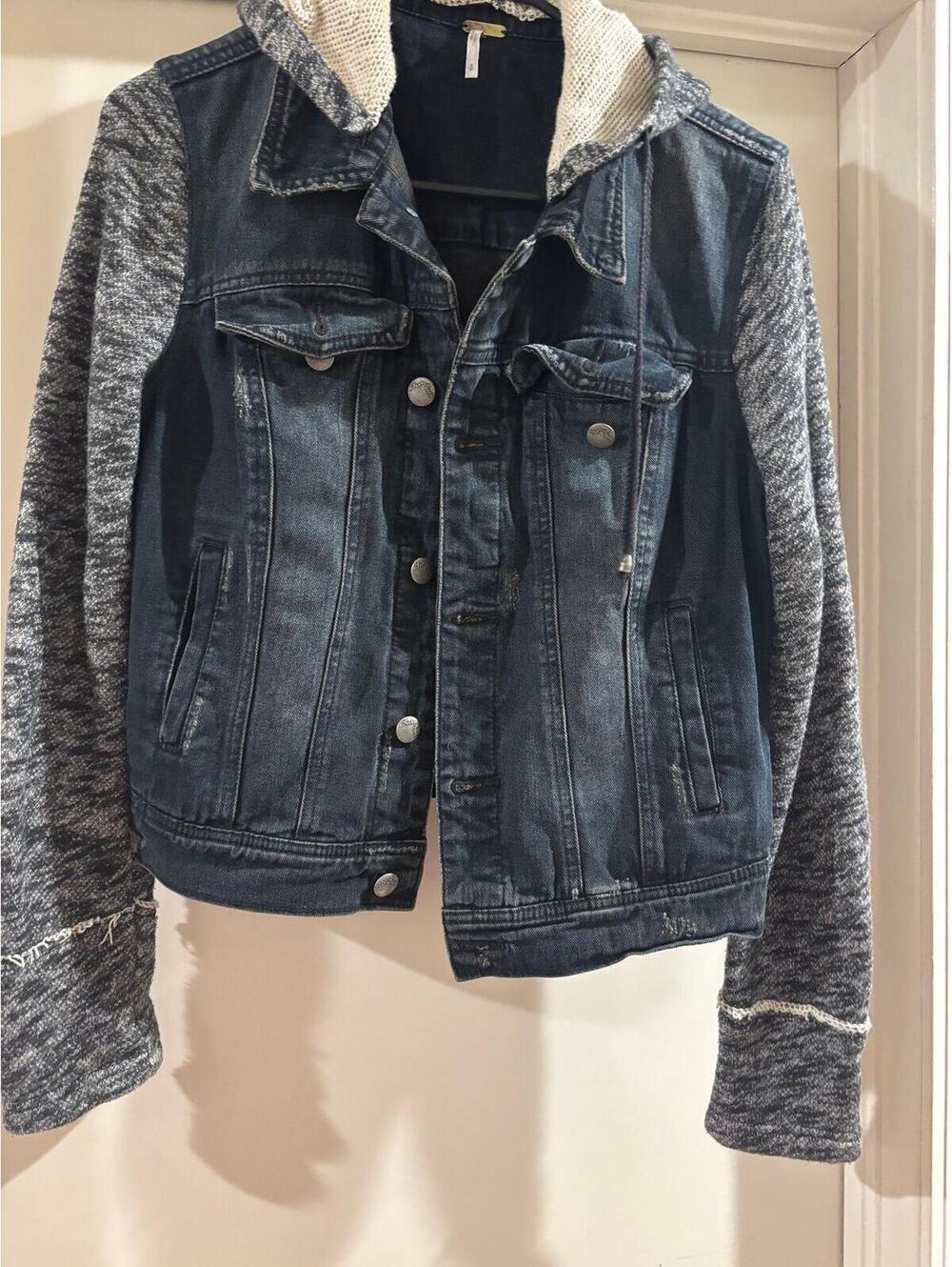 Free People Black Distressed Knit Sleeve Denim Jacket Hoodie Boho  Jacket Small